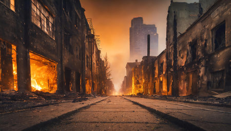 This striking image portrays an ominous, deserted street in a charred cityscape, capturing a post-apocalyptic atmosphere perfect for dystopian-themed film posters, storytelling, or cinematicの素材
