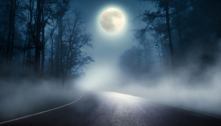 A surreal depiction of a foggy, spooky forest illuminated by moonlight, with eerie bokeh effects casting an otherworldly glow on an asphalt path. Ideal for atmospheric, mystical, orの素材