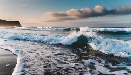This image captures the natural beauty of foamy ocean waves as they gracefully roll up a sandy shore. The scene features the powerful yet calming movement of the sea, highlighted by clear blueの素材