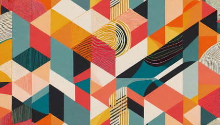 Explore this stunning geometric seamless pattern in Bauhaus style, showcasing colorful abstract shapes and Swiss design aesthetics. Ideal for branding, print, web, or artistic creations, addingの素材