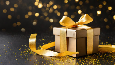 A sophisticated image of a black gift box adorned with a golden ribbon on a glittery black background, ideal for Black Friday sales, luxury holiday promotions, or elegant gift-giving themes.の素材