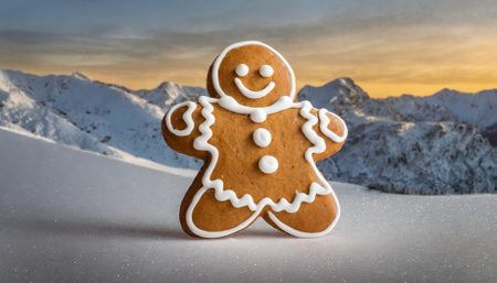 A delightful gingerbread man stands isolated against a white backdrop, adorned with detailed icing patterns. This festive treat exudes holiday charm, making it ideal for Christmas decor,の素材