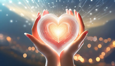 This vibrant artwork features a luminous human heart cradled in hands, evoking themes of empathy, health, and connection, making it ideal for use in medical, emotional, and inspirationalの素材