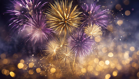 An enchanting abstract depiction of golden and dark violet fireworks paired with soft bokeh lights, offering a festive New Year's Eve atmosphere. Perfect for elegant designs, celebrations, orの素材