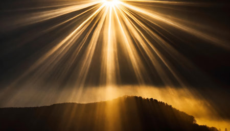 An extraordinary image of glowing sun rays radiating brilliance over a deep black background, offering a captivating mix of light and contrast perfect for creative designs, artistic projects, orの素材