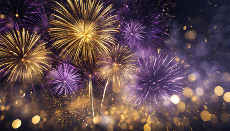 Dazzling display of gold and dark violet fireworks combined with glowing bokeh effects, symbolizing festive New Year celebrations. Features rich abstract aesthetics and a versatile copy spaceの素材