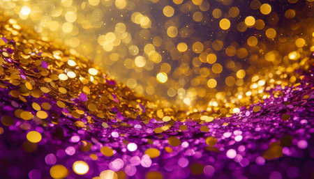 A stunning gold and purple abstract glitter confetti bokeh background showcasing shimmering light effects and blurred textures, perfect for celebrations, elegant invitations, or creative digitalの素材