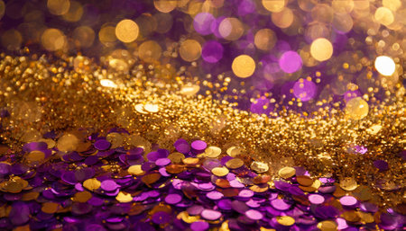 A mesmerizing gold and purple abstract glitter confetti bokeh background featuring soft shimmering lights and textures, ideal for luxury designs, elegant event backdrops, and artistic projects.の素材