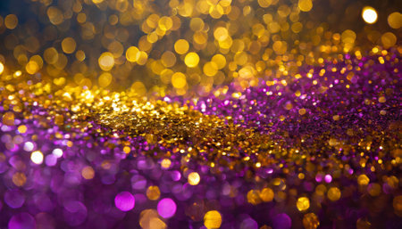 An exquisite gold and purple abstract glitter confetti bokeh background with dazzling sparkles, rich hues, and soft radiant light effects. Ideal for luxury themes, party invites, or artisticの素材