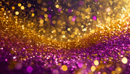 A captivating gold and purple abstract glitter confetti bokeh background that blends shimmering sparkles with vibrant hues, creating a luxurious and festive design for parties, events, andの素材