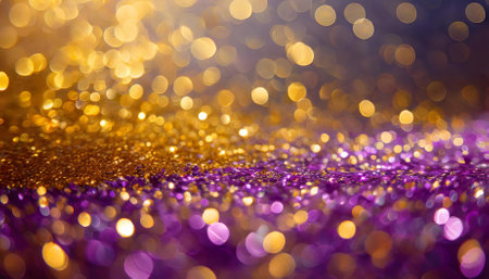 This captivating gold and purple abstract glitter confetti bokeh background creates a dazzling effect with luminous sparkles and enchanting tones, making it ideal for luxurious, creative, andの素材