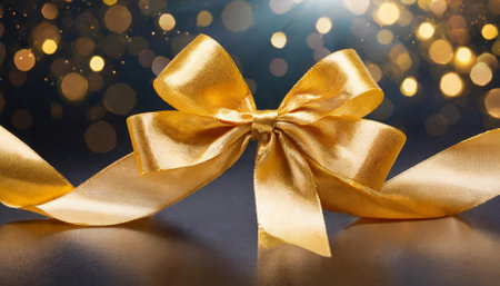 This stunning image showcases a luminous gold bow tied with a coordinating ribbon, embodying sophistication and charm. Perfect for festive events, premium gift wrapping, and holiday dÃ©cor, etcの素材