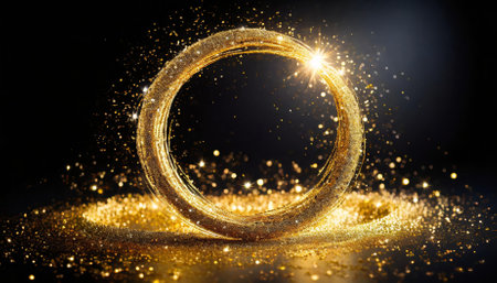 An exquisite gold glitter circle radiates brilliant light with dazzling gold sparkles and shimmering particles, forming a luxurious and captivating frame on a bold blue background for premiumの素材