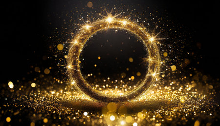 Golden circle frame on black background with bokeh effect. 3d renderingの素材