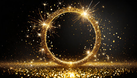 This image showcases a mesmerizing gold glitter circle with dazzling sparkles and gleaming golden particles, forming a brilliant circular frame. Ideal for sophisticated, festive, or elegantの素材