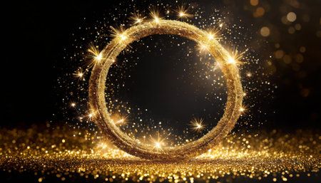 A dazzling gold glitter circle with radiant sparkles and shimmering golden particles set against a dark background. Perfect for adding a touch of luxury, festivity, or sophistication to creativeの素材
