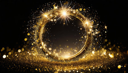 Stunning gold glitter circle of light sparkles and golden particles arranged in a radiant circular frame, ideal for high-end design projects, festive visuals, celebrations, or luxury brandingの素材