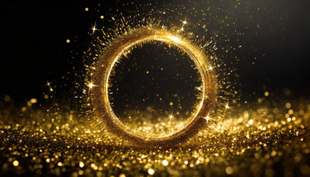 A stunning visual showcasing a radiant circle of gold glitter, sparkling particles, and luminous golden light elegantly arranged in a circular frame on a dark backdrop. Perfect for luxurious,の素材