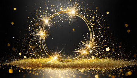 A captivating image of a gold glitter circle surrounded by shimmering sparkles and glowing golden particles. The radiant circular frame creates an enchanting design set on a soft gradientの素材