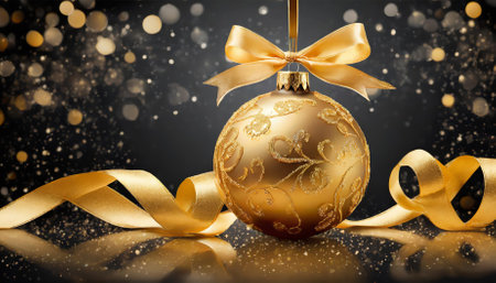 A luxurious gold Christmas ball featuring a gleaming ribbon and intricate bow design, isolated on a clean background, ideal for seasonal projects, holiday cards, festive decor, and cheerfulの素材