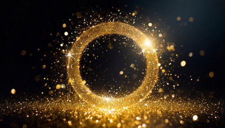 A stunning golden glitter circle formed by shimmering light sparkles and luminous golden particles, radiating sophistication and charm. Ideal for celebrations, designs, and luxurious brandingの素材
