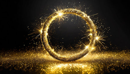 Golden ring on a black background with sparkles. 3d renderingの素材