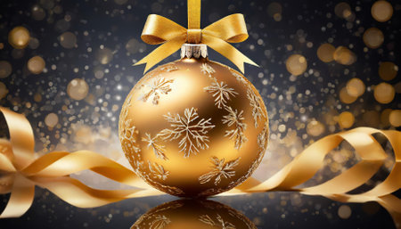A stunning gold Christmas ball featuring a luxurious ribbon and a detailed bow, elegantly isolated on a subtle gradient background, ideal for holiday cards, festive designs, seasonal marketing,の素材