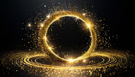 A stunning gold glitter circle glowing with radiant sparkles and shimmering golden particles on a black background, ideal for elegant designs, premium invitations, event posters, and captivatingの素材