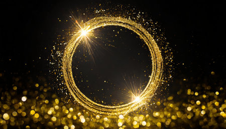 A mesmerizing design showcasing a golden glitter circle radiating sparkles and luminous particles. Perfect for adding a touch of elegance to celebrations, festive themes, luxury branding, andの素材