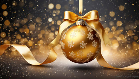 A stunning gold Christmas ornament featuring a smooth spherical surface, accented by a ribbon and bow, isolated against a plain background, perfect for seasonal graphics, cards, and festiveの素材