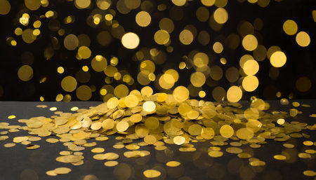 A dynamic and stylish gold confetti pattern featuring radiant yellow circles elegantly placed against a deep black background, creating a sophisticated and festive aesthetic perfect for eventの素材