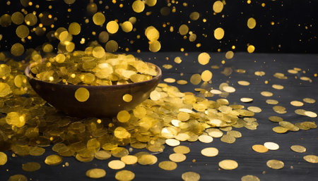 This image showcases shimmering gold confetti and tiny yellow circles scattered across a bold black background, offering a luxurious and versatile design for parties, events, or sophisticatedの素材