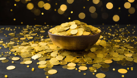 A dazzling design featuring gold confetti and tiny yellow circles on a rich black background. Perfect for holiday themes, invitations, party decor, digital projects, or luxurious brandingの素材