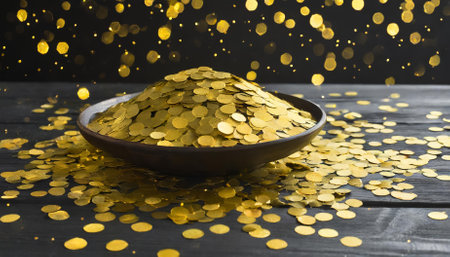 A sophisticated design showcasing sparkling gold confetti and delicate yellow circles set against a bold black backdrop. Ideal for party decor, event invitations, digital graphics, andの素材