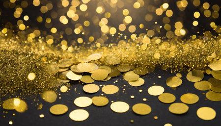 Golden glitter confetti on black background. Festive background with copy spaceの素材