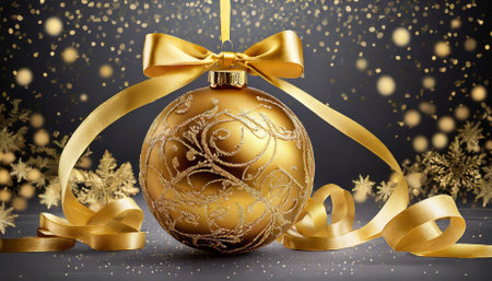 A stunning gold Christmas ball ornament with a glossy finish, complemented by a delicate ribbon and elegant bow. Isolated on a neutral background, this festive decoration exudes a timeless holidayの素材