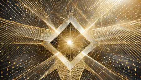 Golden light rays effect paired with intricately geometric shapes creates a striking and abstract illuminated design. Ideal for creative projects, branding visuals, modern art, or digitalの素材
