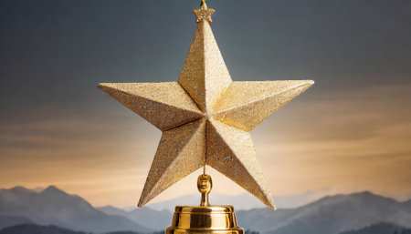 The Golden Star Christmas Tree Topper adds a shimmering touch to holiday dÃ©cor. Its glittering gold finish creates a stunning centerpiece, enhancing the charm of Christmas trees with eleganceの素材