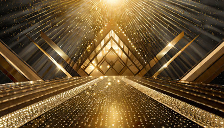 A stunning interplay of golden light rays and symmetrical geometric shapes radiates elegance and sophistication. This captivating effect exudes luxury and modernity, ideal for artistic,の素材