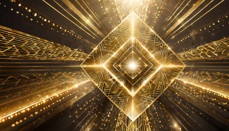 A visually stunning artwork featuring radiant golden light rays combined with geometric shapes. This abstract composition offers a perfect mix of modern design elements and glowing warmth,の素材