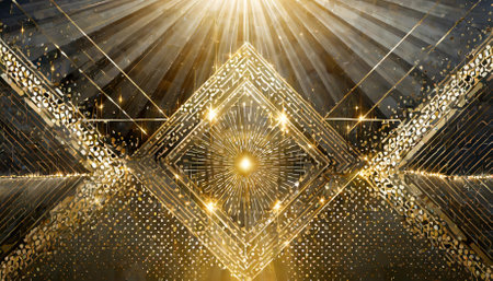 Immerse in the brilliance of golden light rays blending harmoniously with geometric shapes. This abstract design creates a captivating visual experience, featuring radiant lines and richの素材