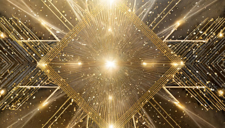 Abstract golden light rays effect with dynamic geometric shapes, creating a radiant, futuristic design. Ideal for creative digital projects, this glowing artwork embodies modern elegance andの素材