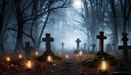 A haunting Halloween night scene showcasing a graveyard in a spooky death forest, illuminated by eerie moonlight and surrounded by ominous twisted trees, evoking a chilling gothic andの素材