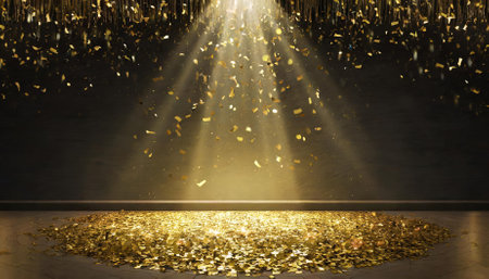 This stunning image captures golden confetti raining down on a beautifully lit festive stage. A vibrant light beam shines at the center, accentuating the dazzling display in a serene empty roomの素材