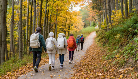 A captivating image capturing a group of tourists walking along a scenic autumn forest trail. The close-up focus on their feet highlights movement, exploration, and the vibrant beauty of natureの素材