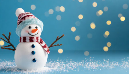 A cheerful and happy jolly snowman adorned with a cozy scarf and hat, set against a vibrant blue background with delicate snowflakes, evoking a magical and whimsical winter holiday atmosphere.の素材