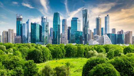 A breathtaking vision of a futuristic city with sleek skyscrapers intertwined with vibrant, green forest landscapes, embodying a perfect balance of technological advancement and environmentalの素材