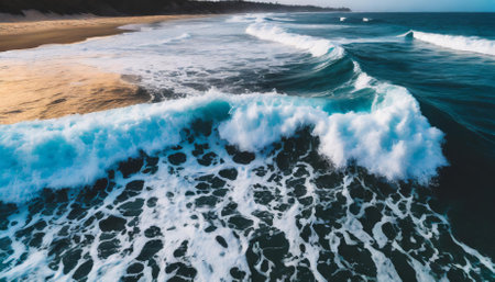 A captivating scene of foamy ocean waves gently rolling up onto a tranquil shoreline, highlighting the mesmerizing beauty of natures harmony. The serene horizon complements the soft interplay ofの素材
