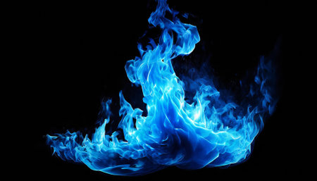 A striking depiction of a bright blue flame isolated against a dark background, featuring intricate swirls and vivid luminosity, ideal for backgrounds, design inspiration, or energy-themedの素材