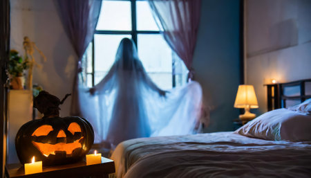 This haunting image depicts a blurred ghostly figure silhouetted in a bedroom window on a dark Halloween night, evoking a spine-chilling atmosphere of suspense and fear for horror enthusiastsの素材